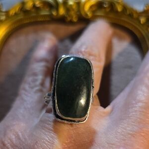925 Sterling Silver Dark Green Jadeite Stone Statement Ring